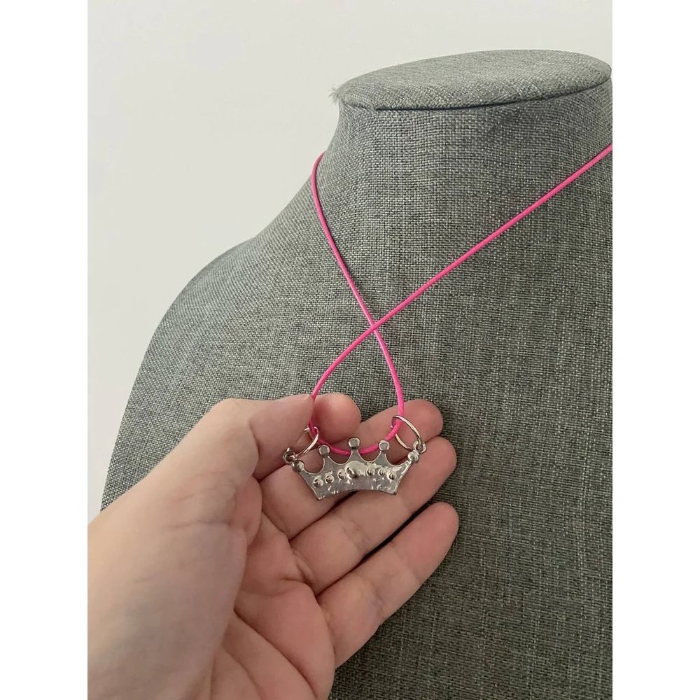 Upcycled pink rhinestone crown necklace silver tone